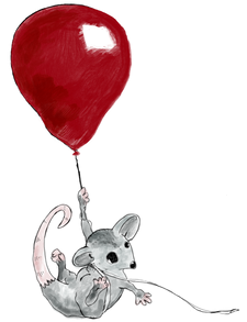 site logo: a pygmy possum holding onto a red ballon inspired by 11ty's possum :)